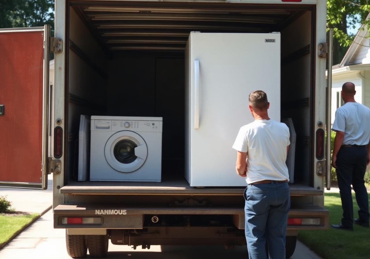 Old refrigerator and washing machine being loaded into a junk removal truck