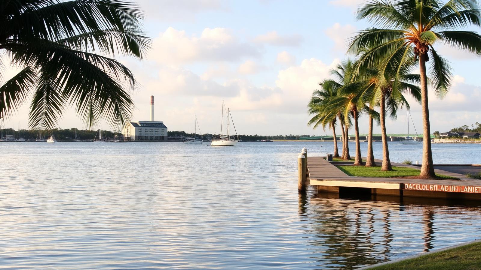 Apollo Beach Florida waterfront with sailboats and palm trees, power-plant smokestack in the distance near the Manatee Viewing Center