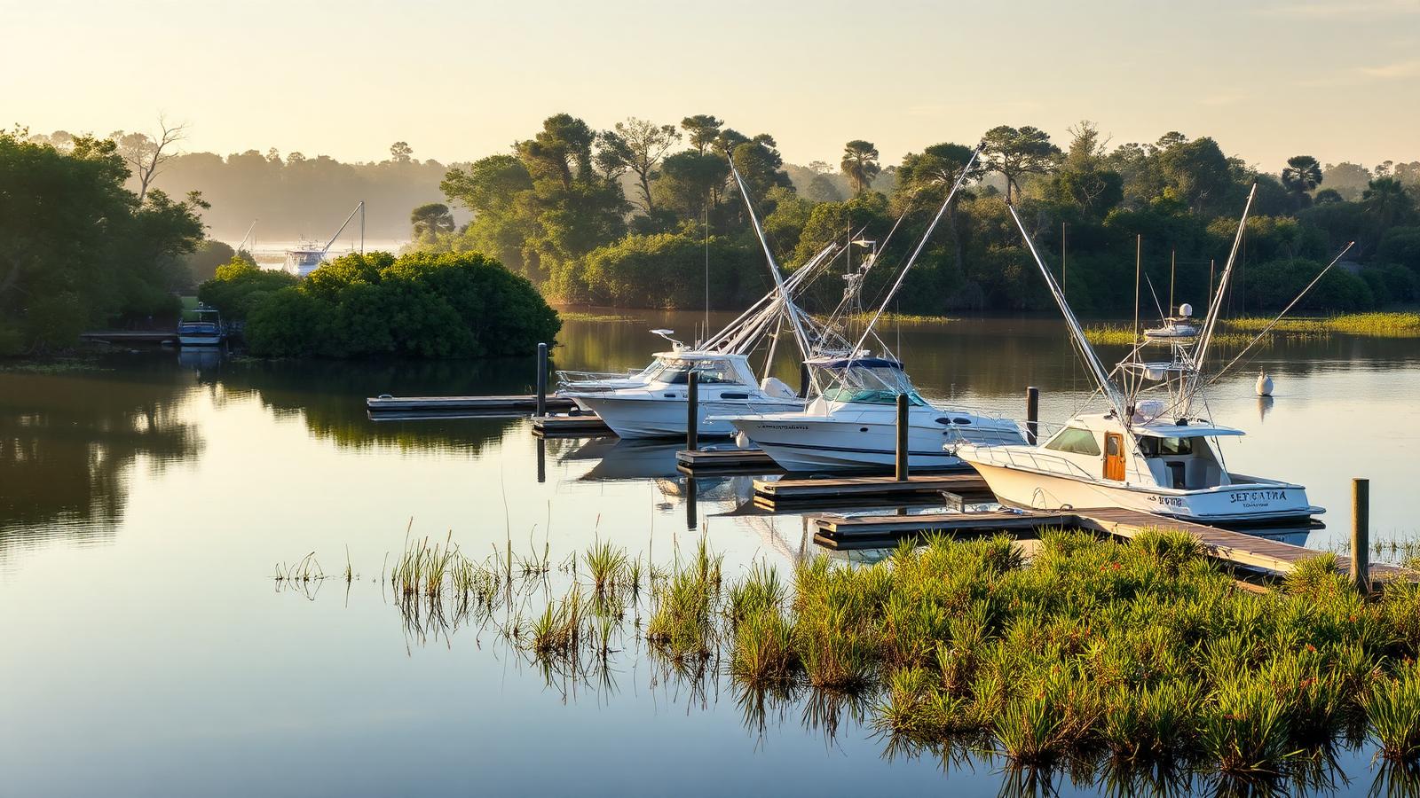 Calm misty morning on the Alafia River near a Gibsonton marina with fishing boats and mangroves