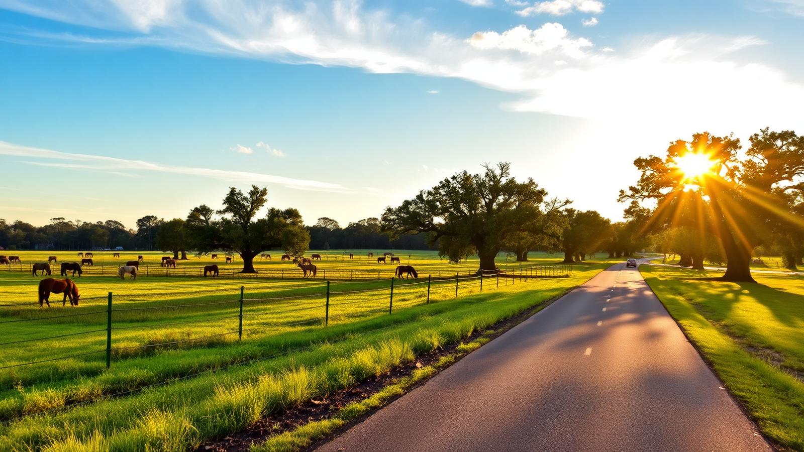Rural Lithia Florida countryside with horses grazing in pasture beside a quiet country road at golden hour