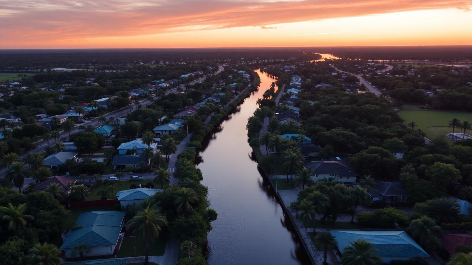 Aerial view of Ruskin Florida at sunset with the Little Manatee River winding through palm-lined neighborhoods