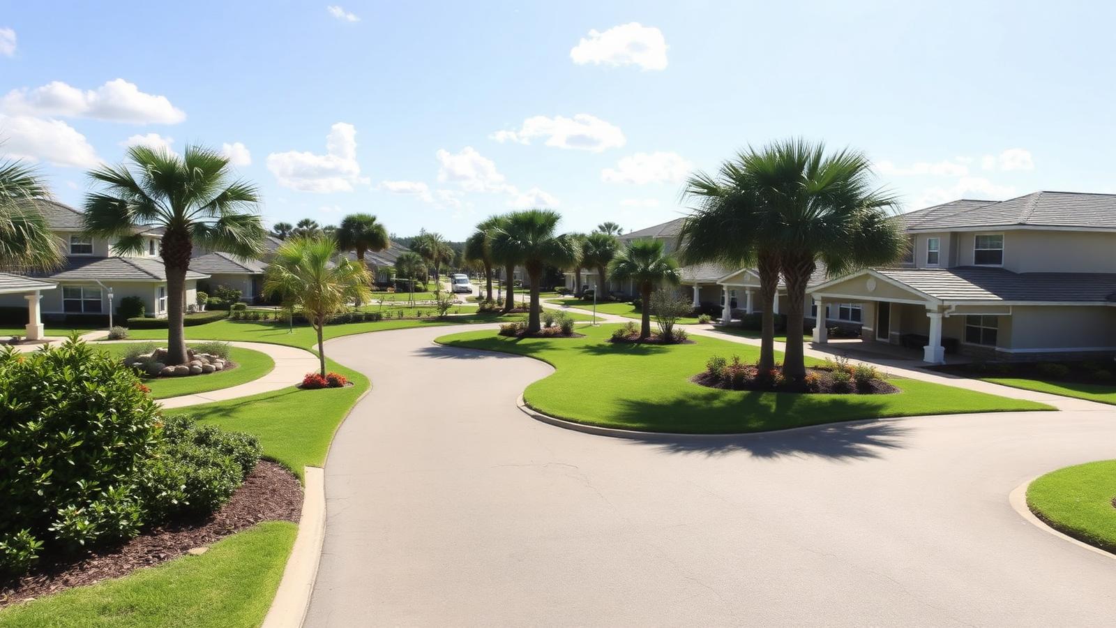 Tidy Sun City Center Florida retirement community with palm-lined driveways and manicured landscaping