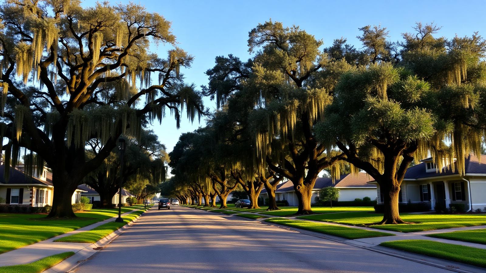 Quiet Valrico Florida residential street lined with mature live oaks dripping Spanish moss