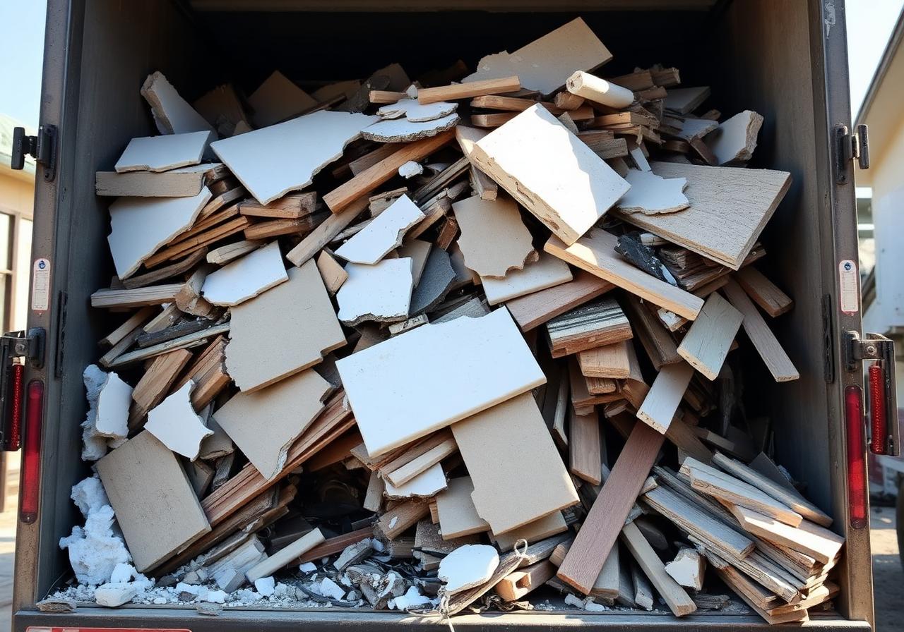 Dump trailer filled with broken drywall, tile and scrap wood from a renovation