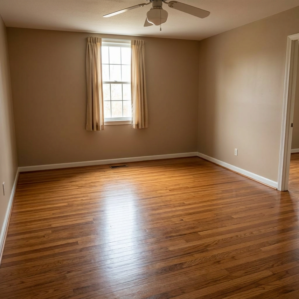Empty bedroom with clean hardwood floor ready for a new tenant