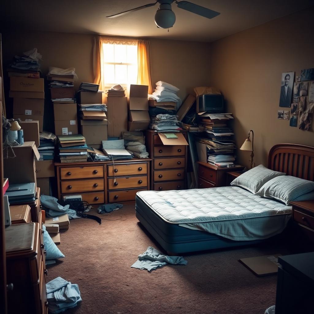 Cluttered bedroom with old mattress, stacked boxes, and scattered belongings