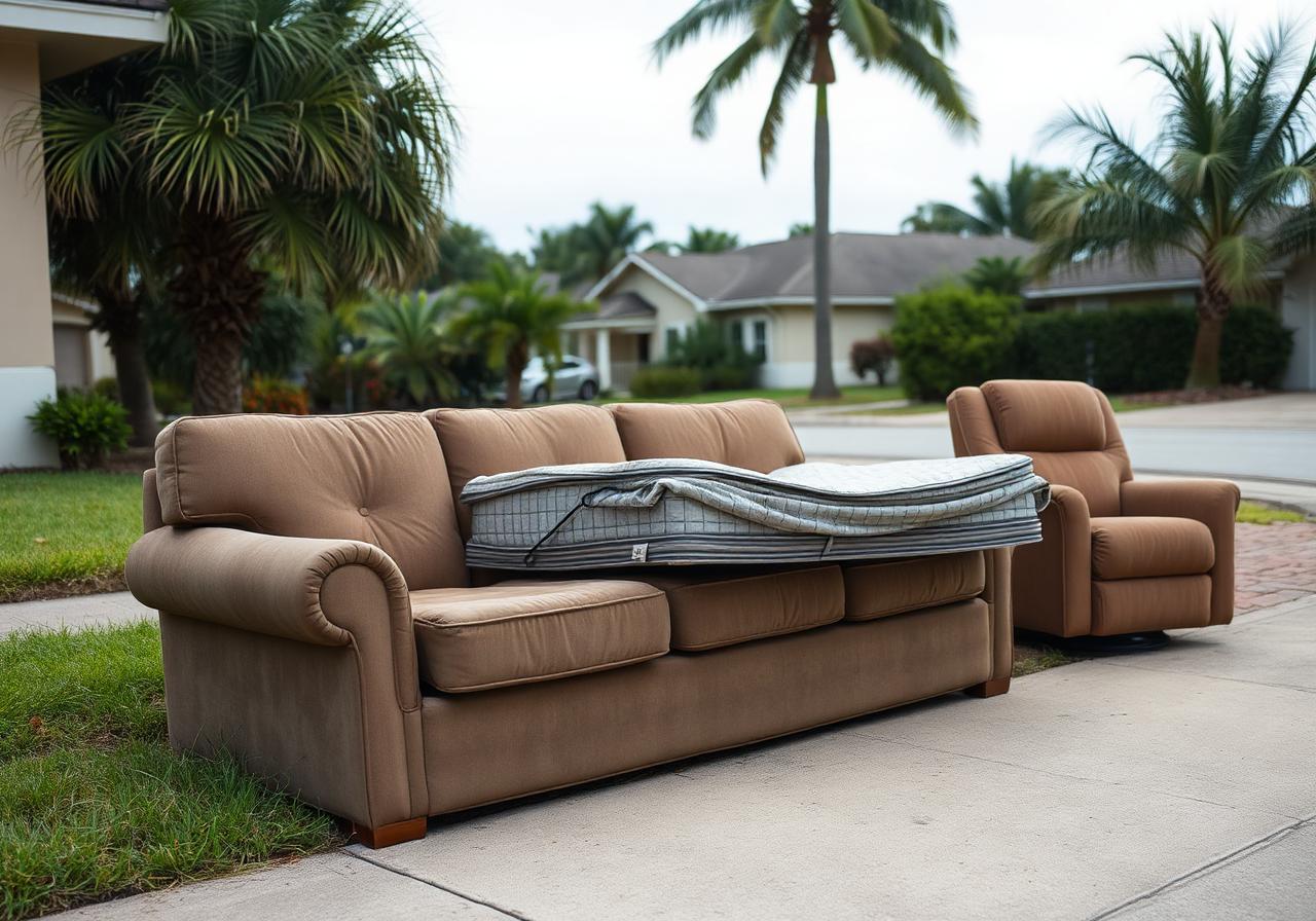 Worn couch, mattress and recliner on a Florida driveway awaiting junk pickup