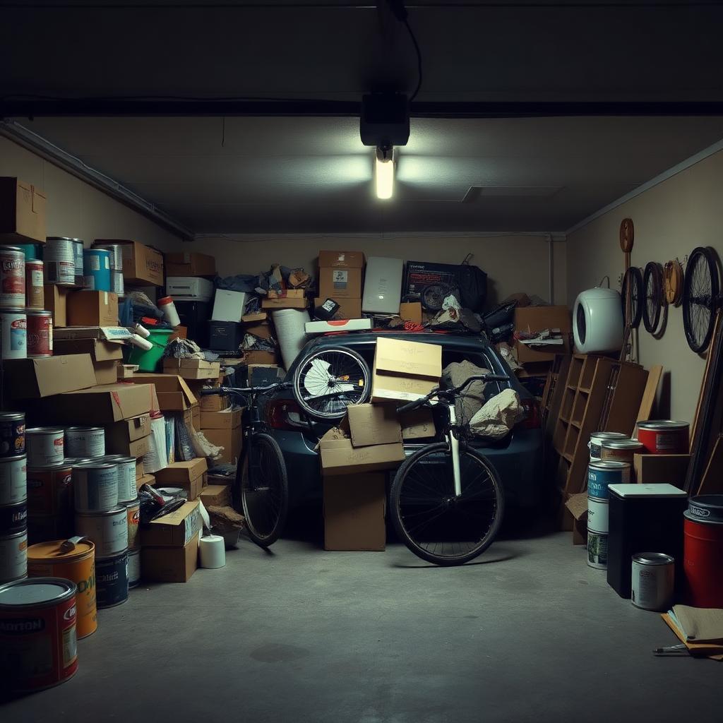 Cluttered two-car garage stacked with boxes, paint cans, and bikes before pickup