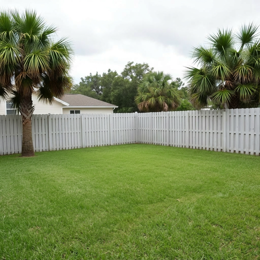 Clean empty Florida backyard with green grass after shed teardown