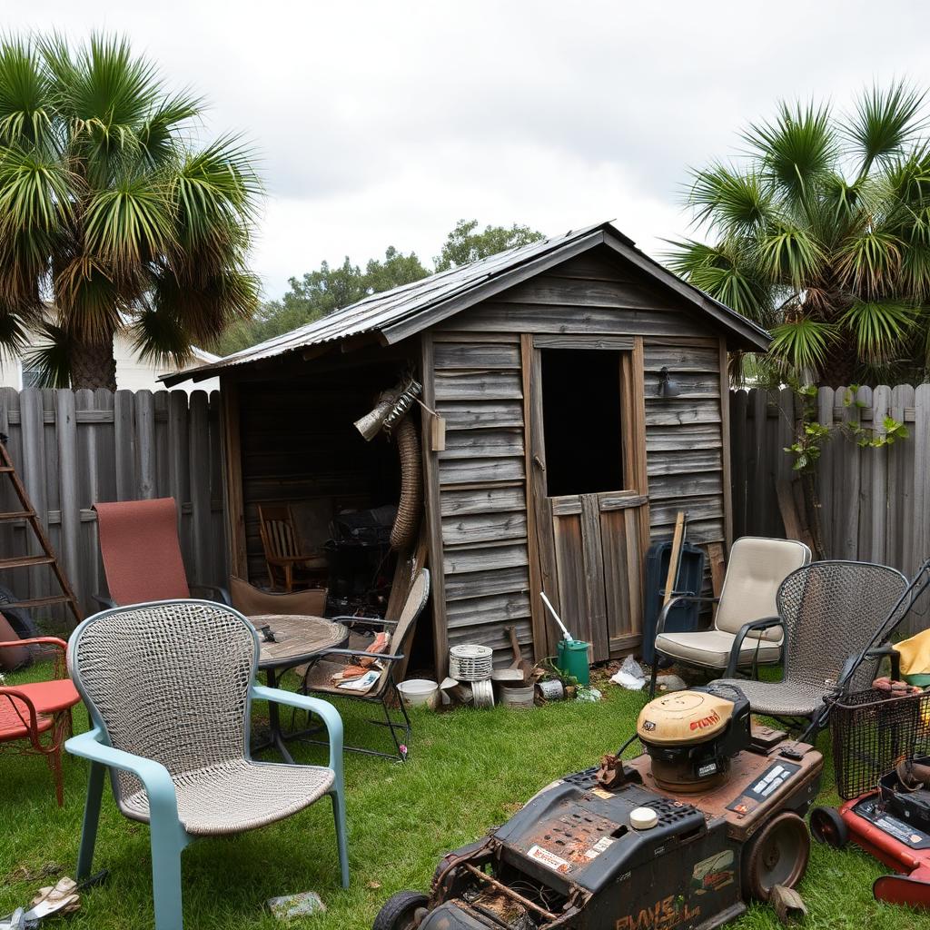 Rotted backyard shed with old patio furniture and broken mower