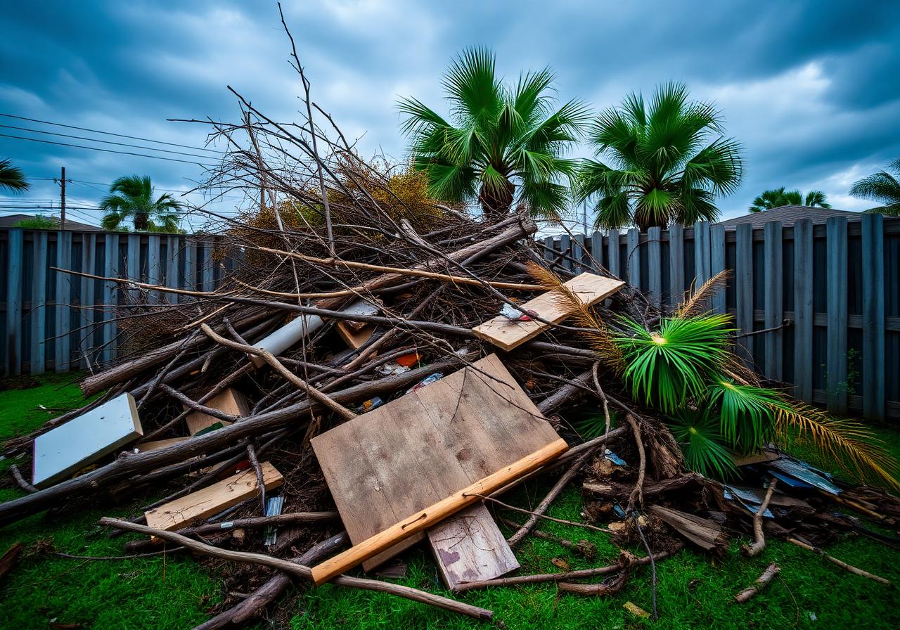 Pile of broken tree branches and storm debris in a Florida backyard